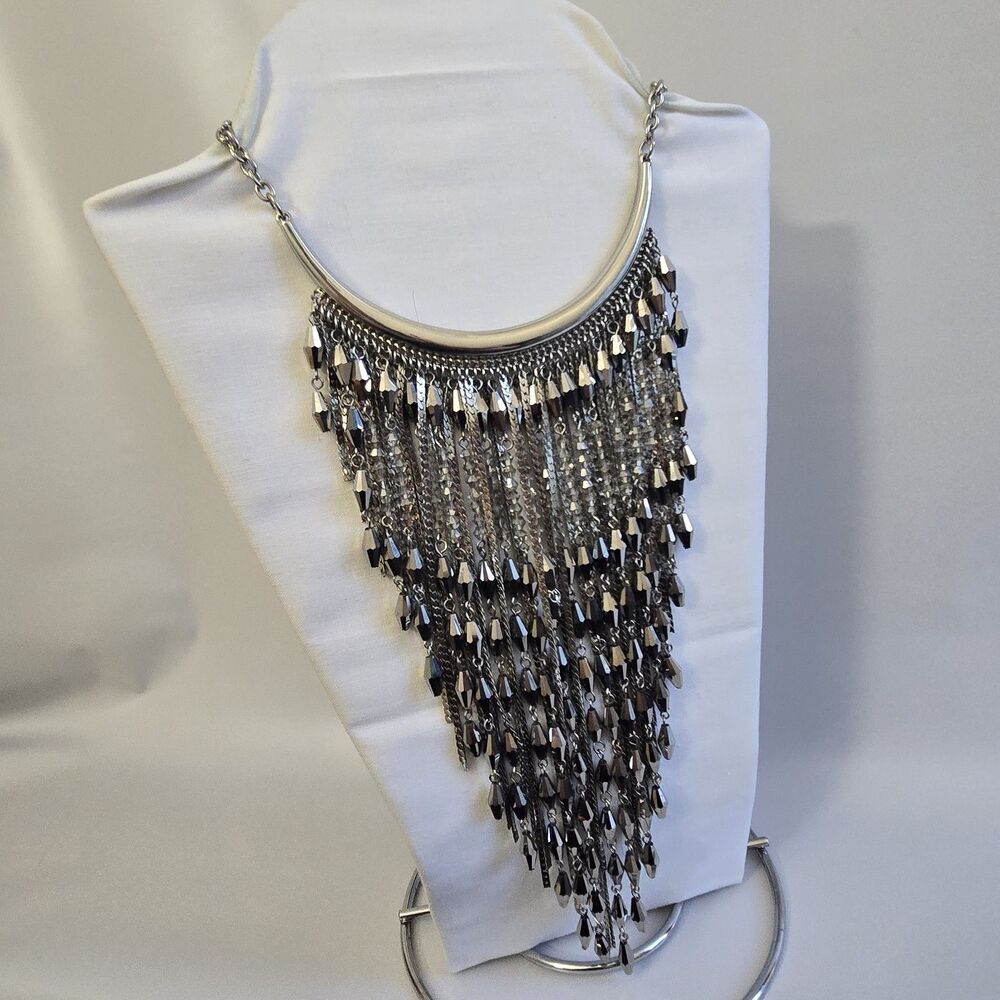 Chicos Skylar Bib Statement Necklace Silver Fringe Multi Chain Gray Crystal New
